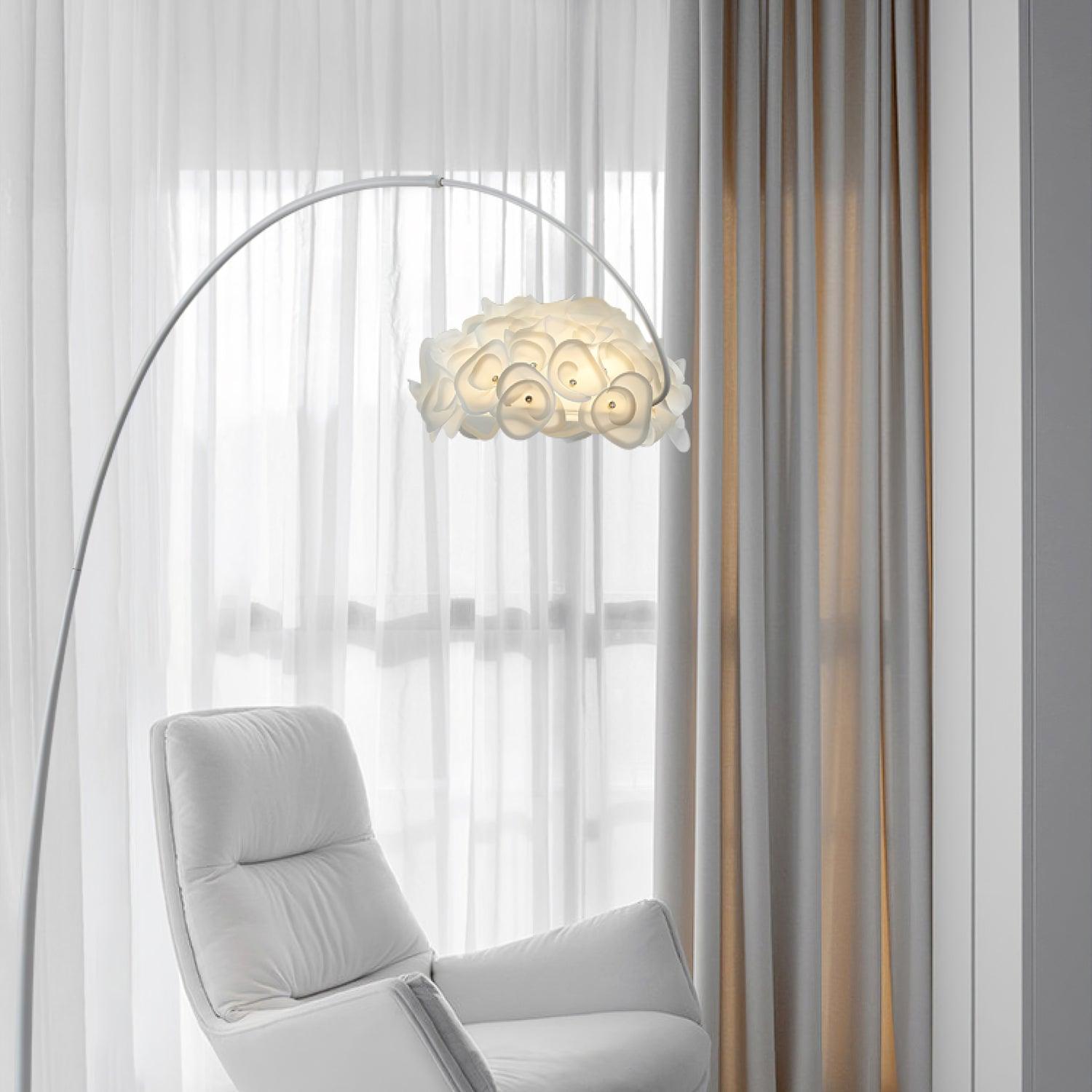 Modern White Hydrangea Floral Torchiere Floor Lamp with Marble Base