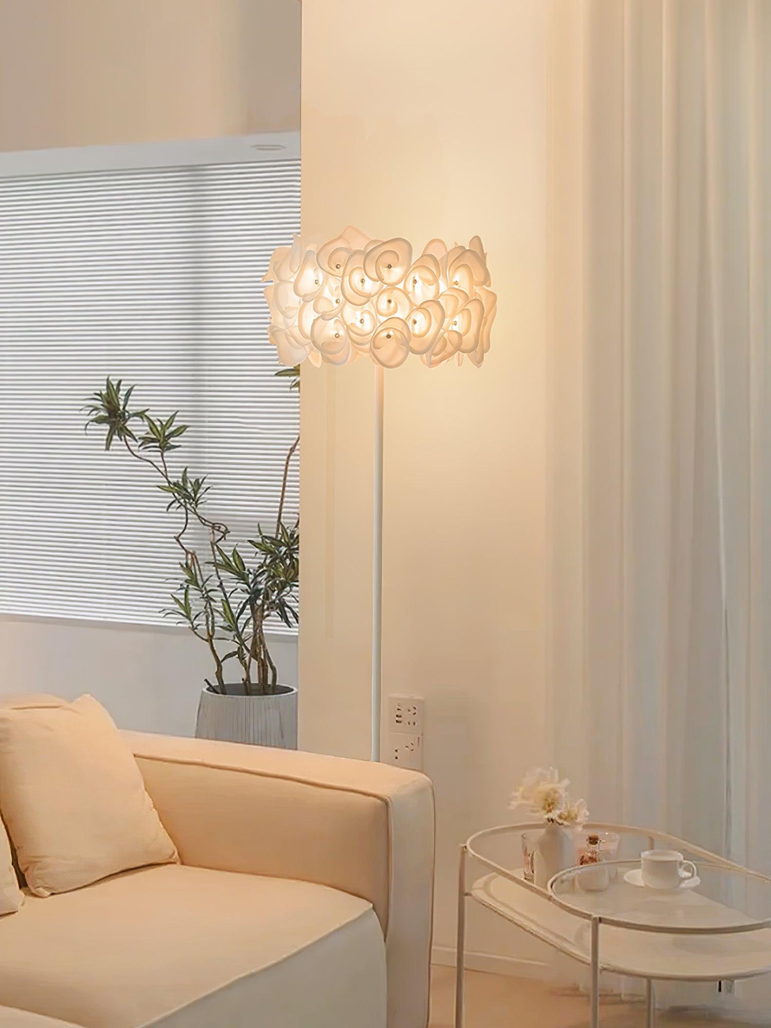 Modern White Hydrangea Floral Torchiere Floor Lamp with Marble Base