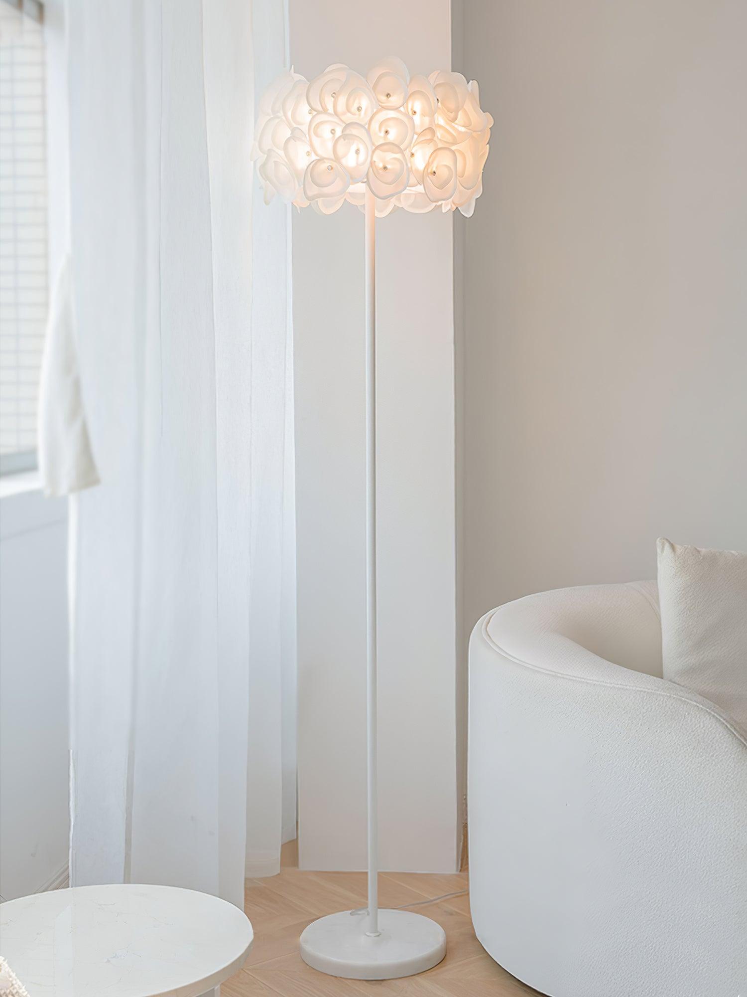 Modern White Hydrangea Floral Torchiere Floor Lamp with Marble Base