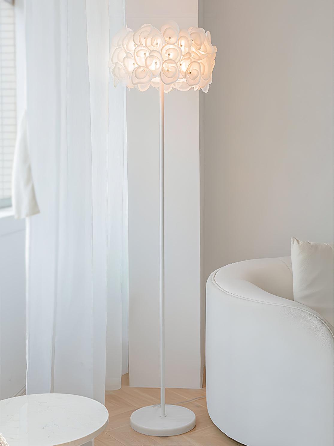 Modern White Hydrangea Floral Torchiere Floor Lamp with Marble Base