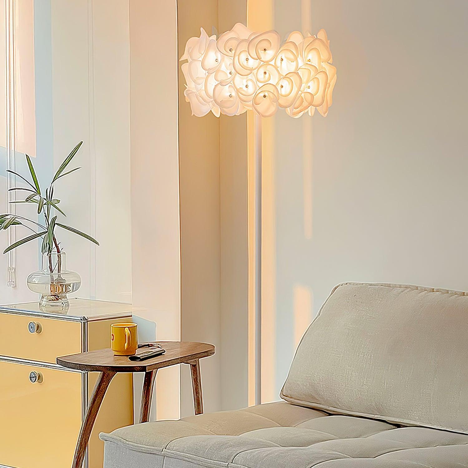 Modern White Hydrangea Floral Torchiere Floor Lamp with Marble Base