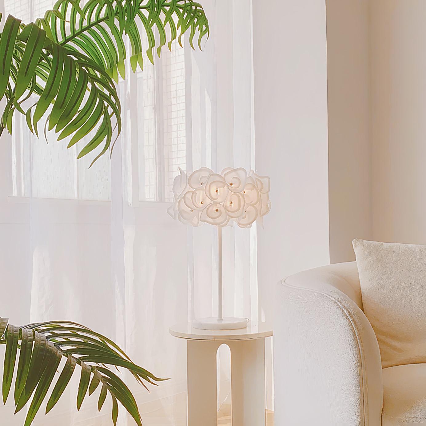 Modern White Hydrangea Table Lamp with Artistic Floral Petal Design and Marble Base