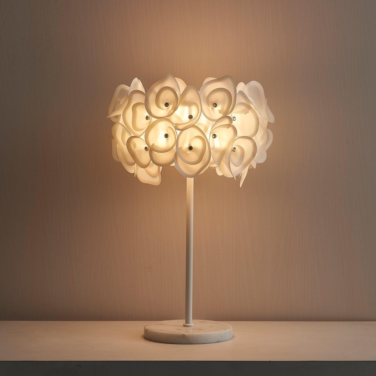 Modern White Hydrangea Table Lamp with Artistic Floral Petal Design and Marble Base