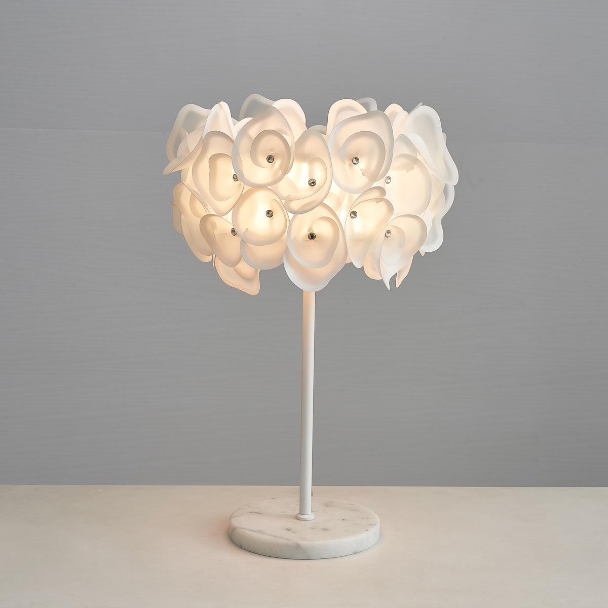 Modern White Hydrangea Table Lamp with Artistic Floral Petal Design and Marble Base