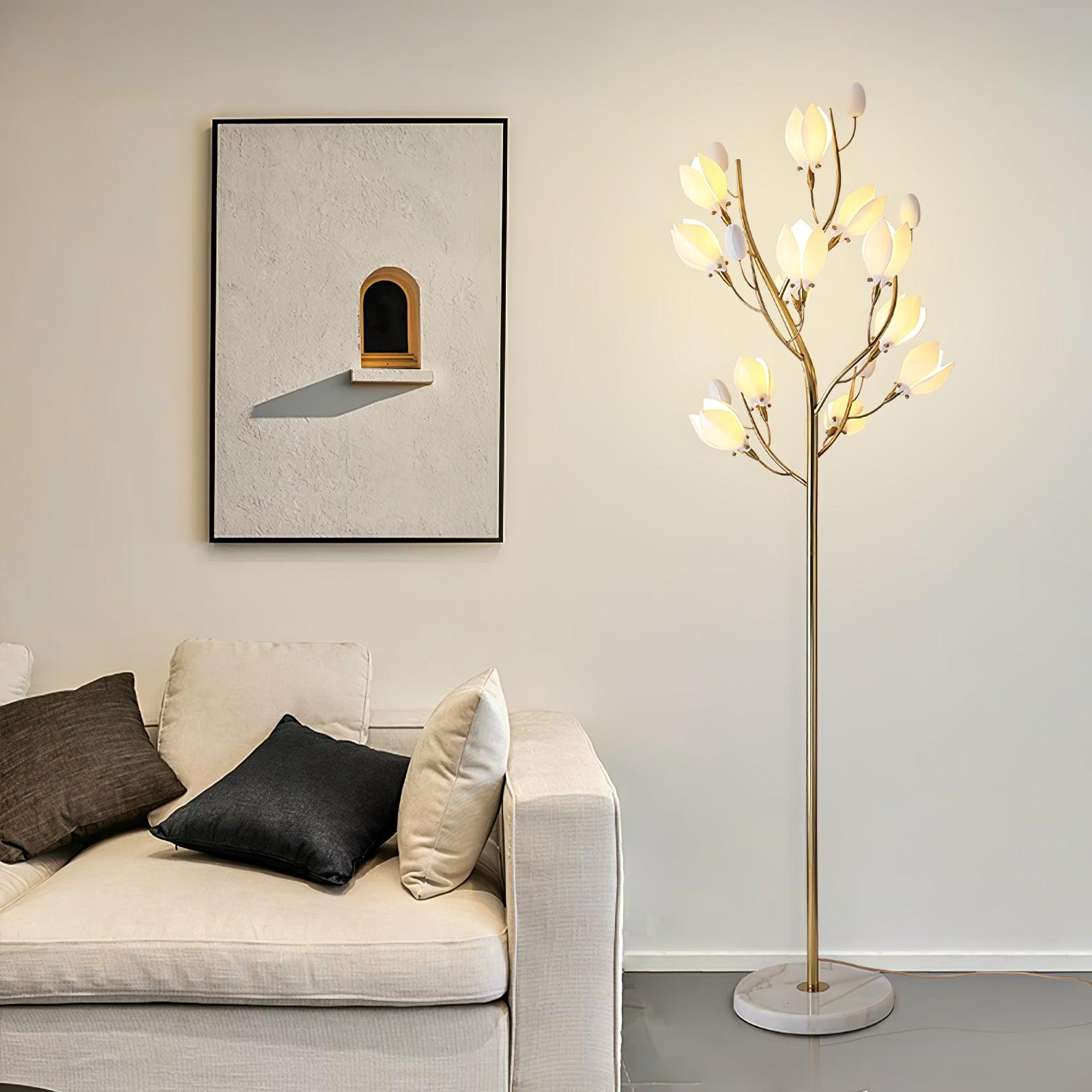 White Porcelain Magnolia Tree Inspired Floor Lamp with Gold Metal Frame and Ceramic Petal Shades