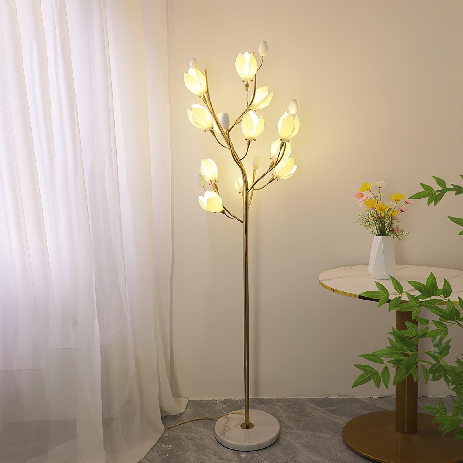 White Porcelain Magnolia Tree Inspired Floor Lamp with Gold Metal Frame and Ceramic Petal Shades
