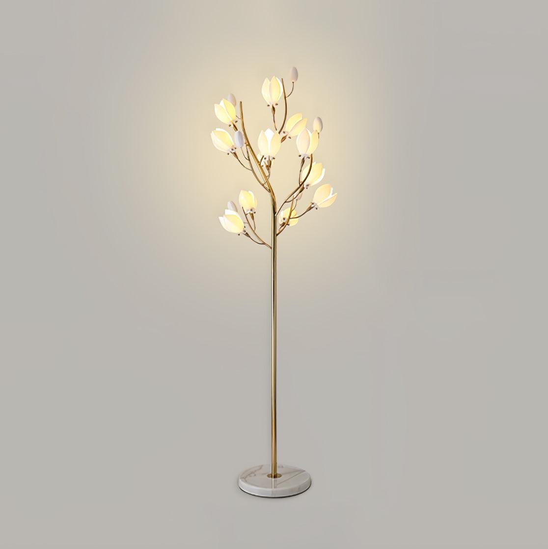 White Porcelain Magnolia Tree Inspired Floor Lamp with Gold Metal Frame and Ceramic Petal Shades