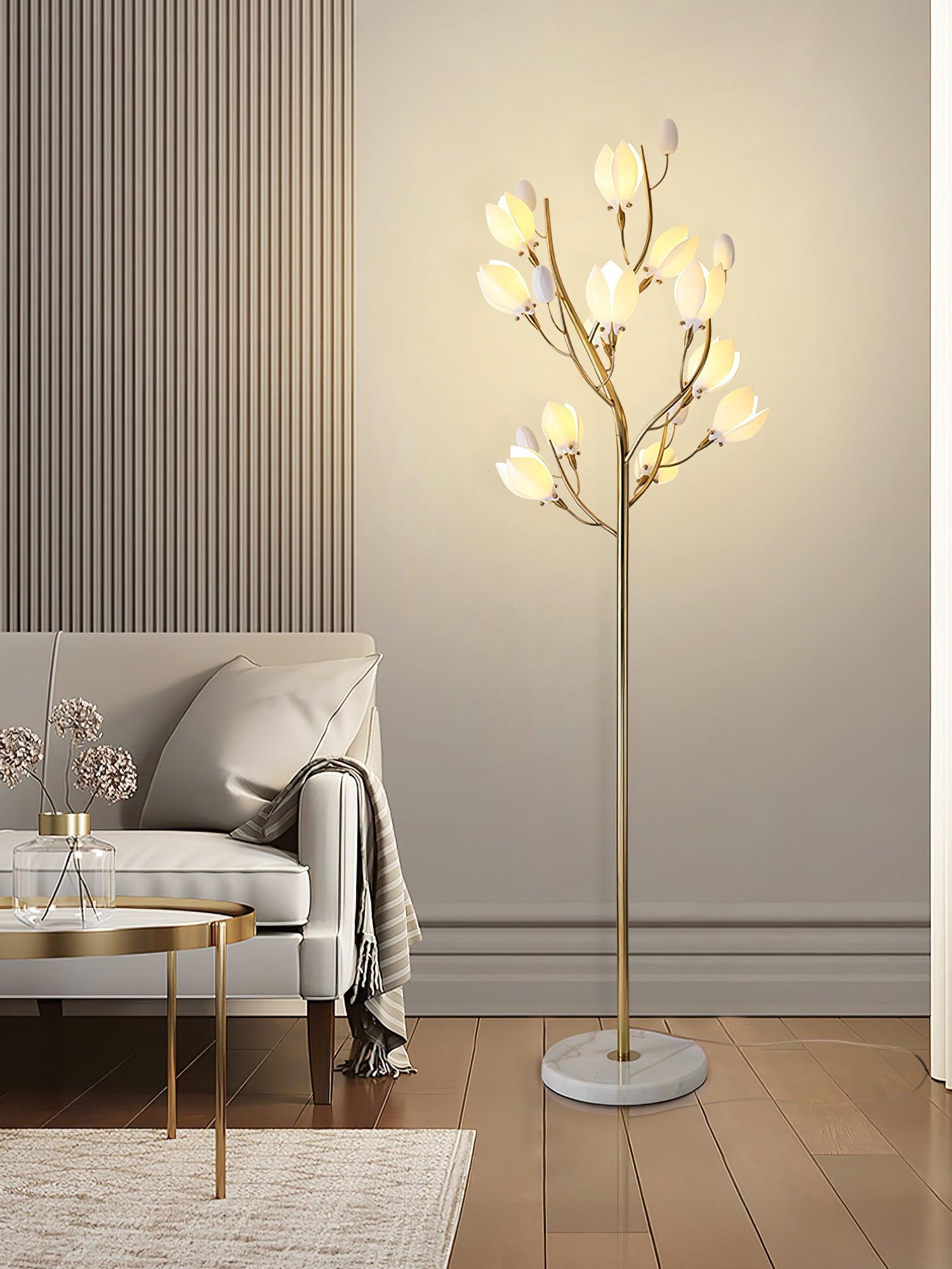 White Porcelain Magnolia Tree Inspired Floor Lamp with Gold Metal Frame and Ceramic Petal Shades