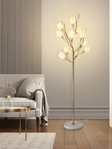 White Porcelain Magnolia Tree Inspired Floor Lamp with Gold Metal Frame and Ceramic Petal Shades