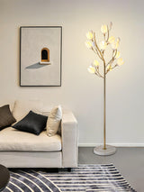 White Porcelain Magnolia Tree Inspired Floor Lamp with Gold Metal Frame and Ceramic Petal Shades