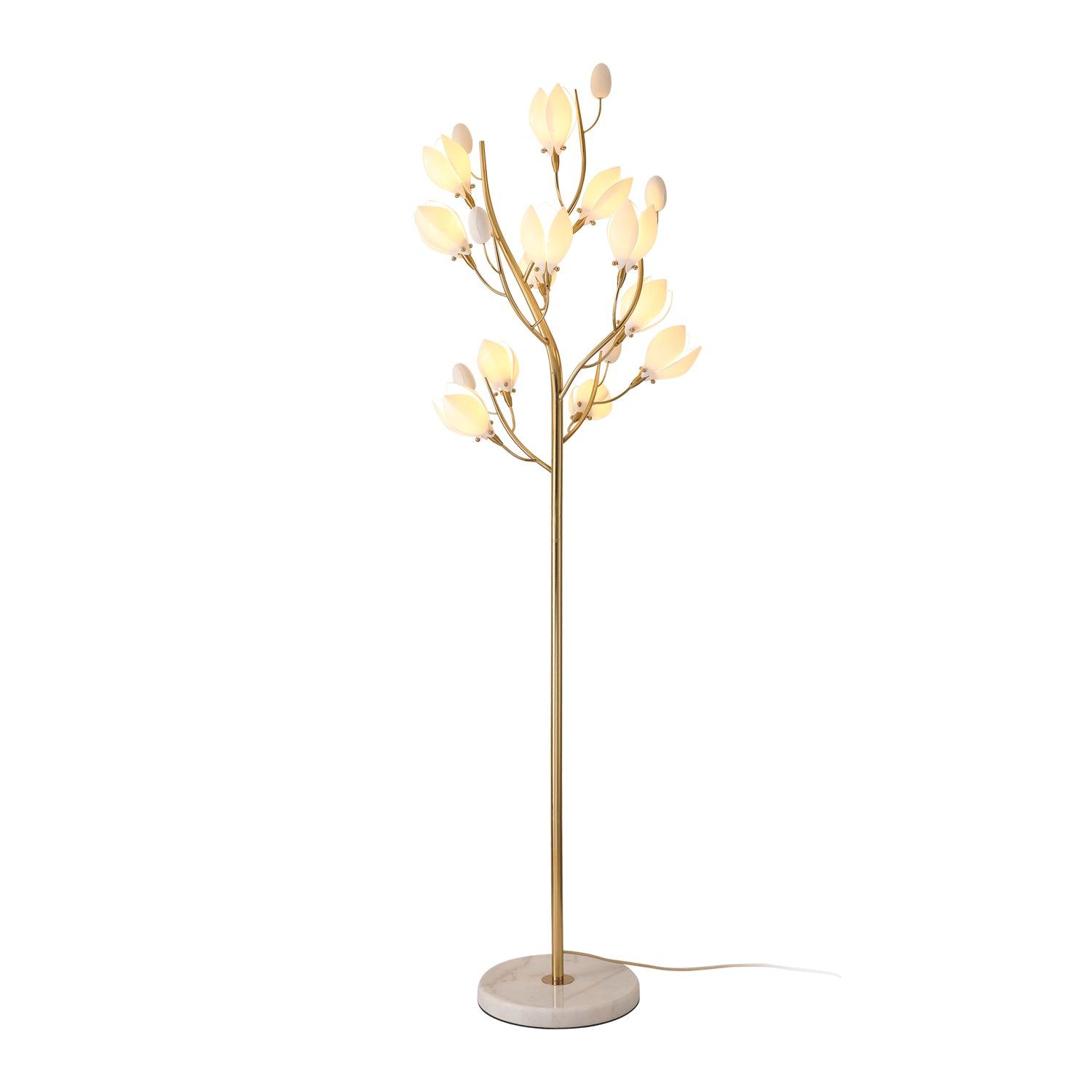 White Porcelain Magnolia Tree Inspired Floor Lamp with Gold Metal Frame and Ceramic Petal Shades