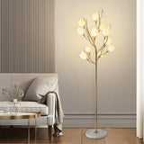 White Porcelain Magnolia Tree Inspired Floor Lamp with Gold Metal Frame and Ceramic Petal Shades