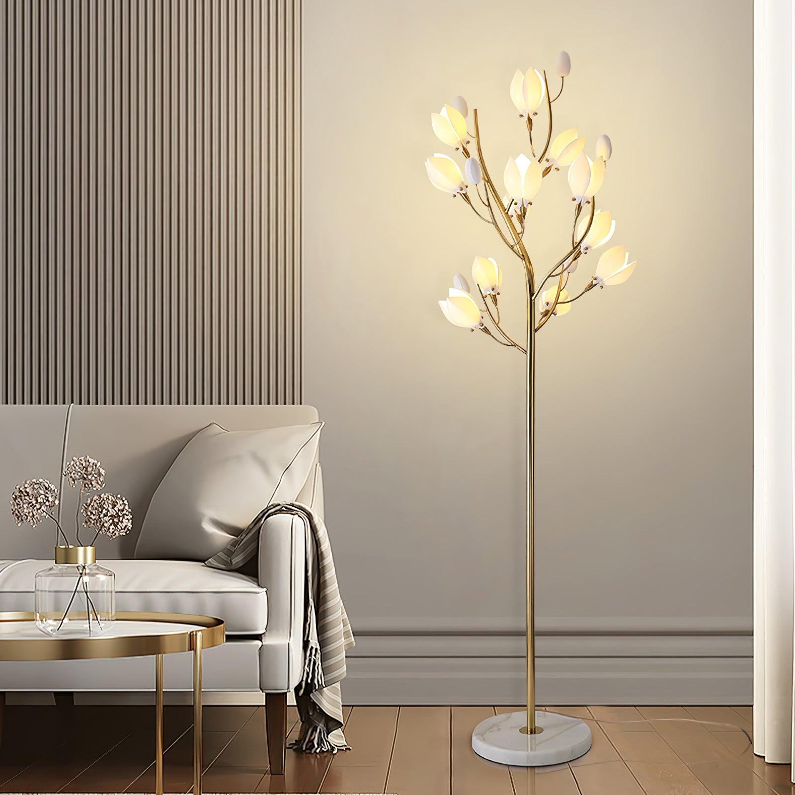 White Porcelain Magnolia Tree Inspired Floor Lamp with Gold Metal Frame and Ceramic Petal Shades