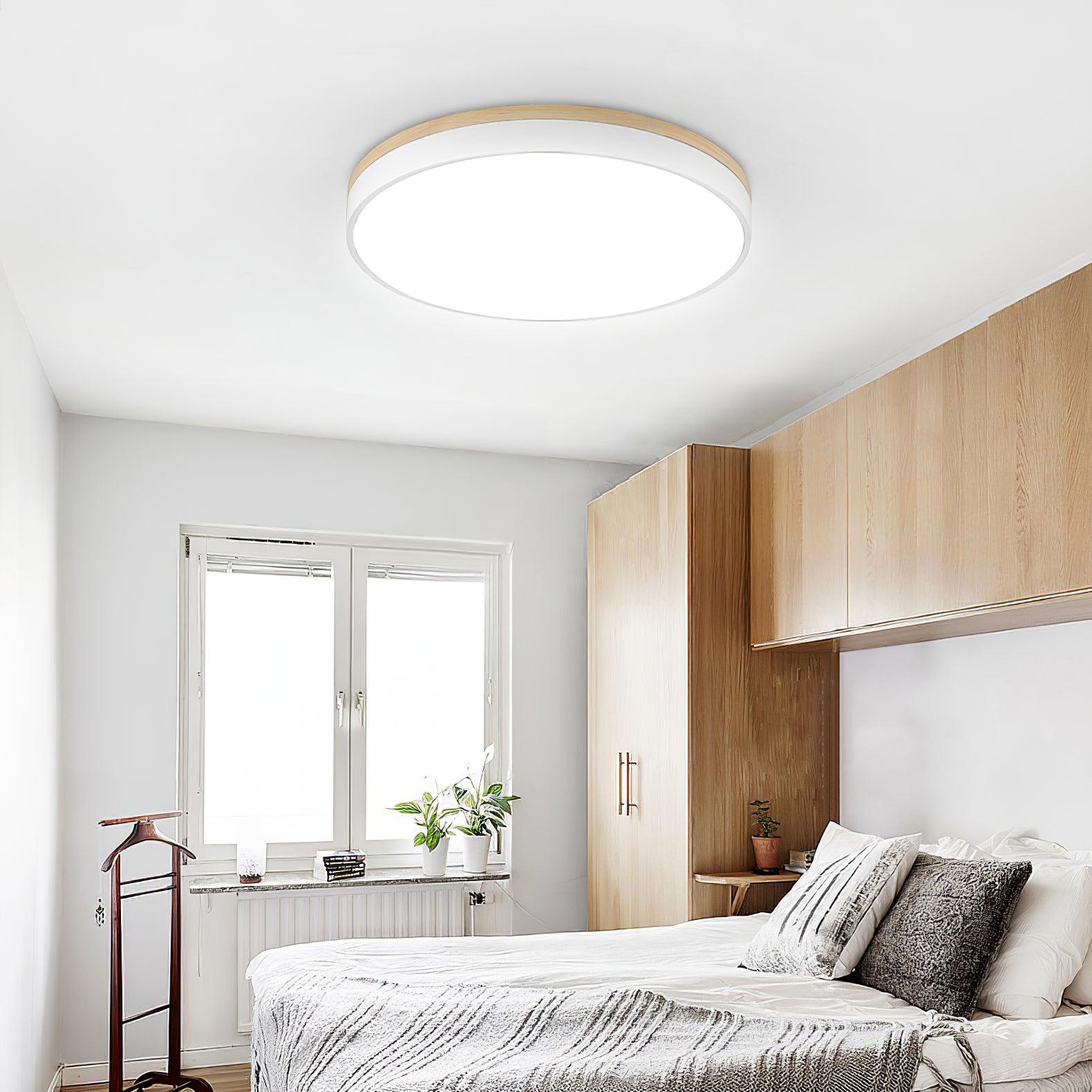 Modern White Round Wooden LED Ceiling Light Flush Mount Fixture for Bedroom and Living Room