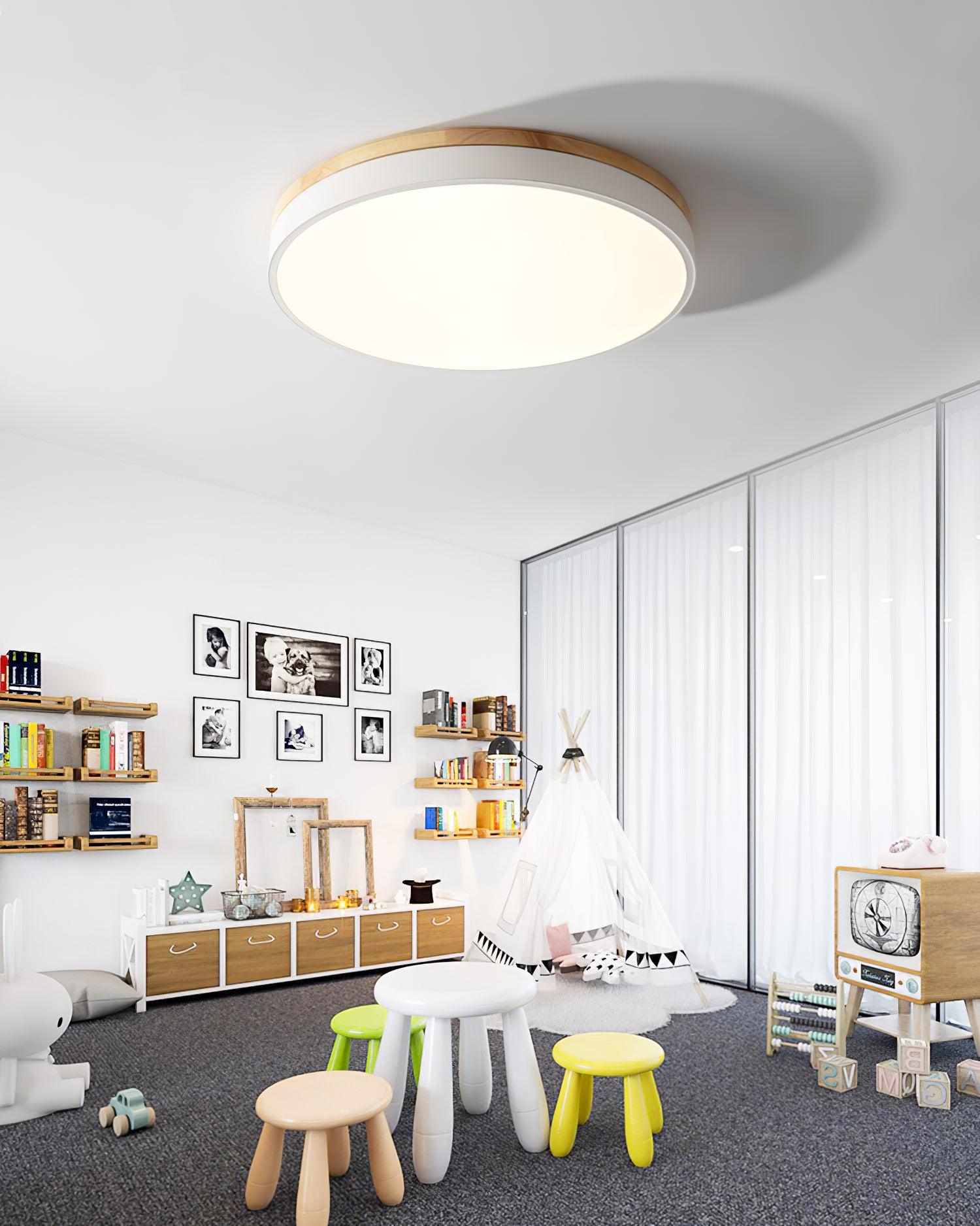 Modern White Round Wooden LED Ceiling Light Flush Mount Fixture for Bedroom and Living Room