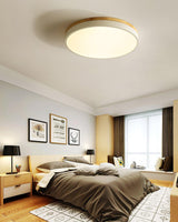 Modern White Round Wooden LED Ceiling Light Flush Mount Fixture for Bedroom and Living Room