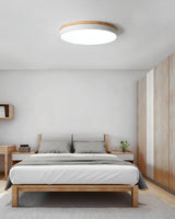 Modern White Round Wooden LED Ceiling Light Flush Mount Fixture for Bedroom and Living Room