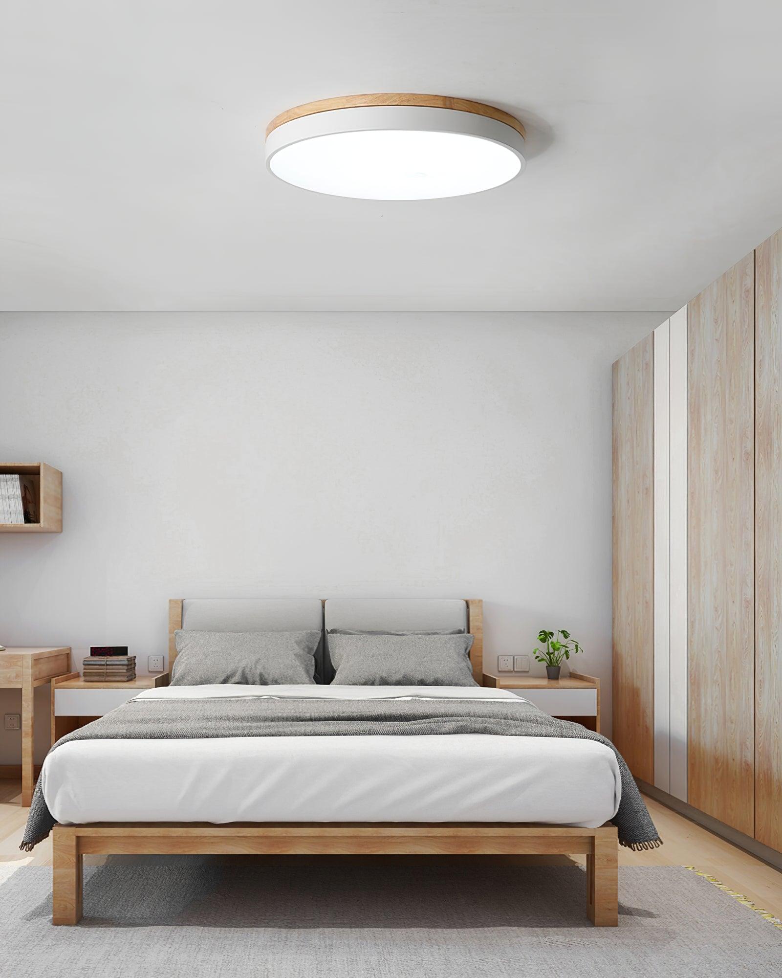 Modern White Round Wooden LED Ceiling Light Flush Mount Fixture for Bedroom and Living Room
