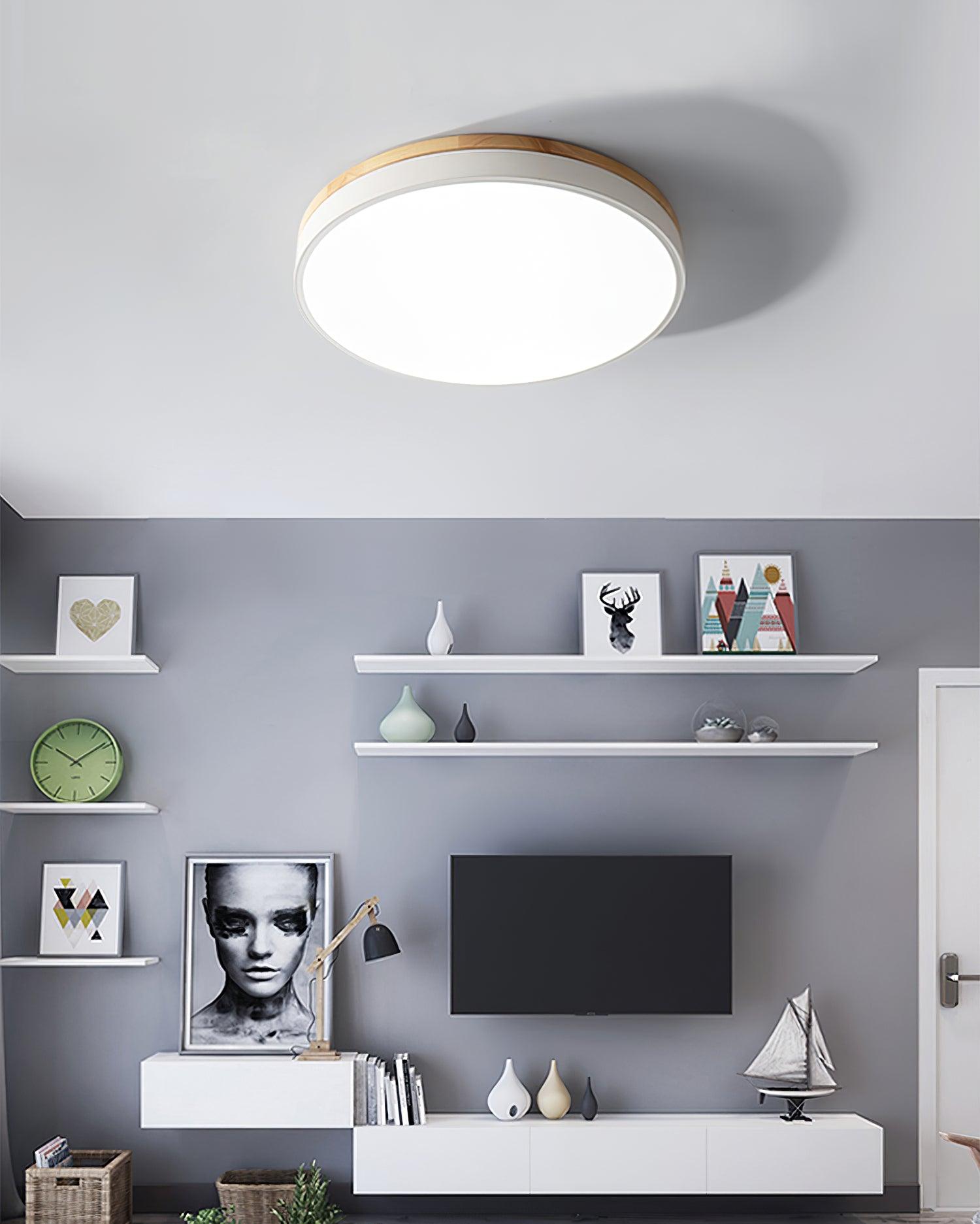 Modern White Round Wooden LED Ceiling Light Flush Mount Fixture for Bedroom and Living Room