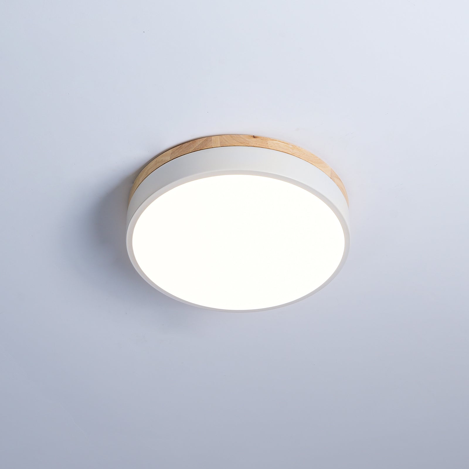 Modern White Round Wooden LED Ceiling Light Flush Mount Fixture for Bedroom and Living Room