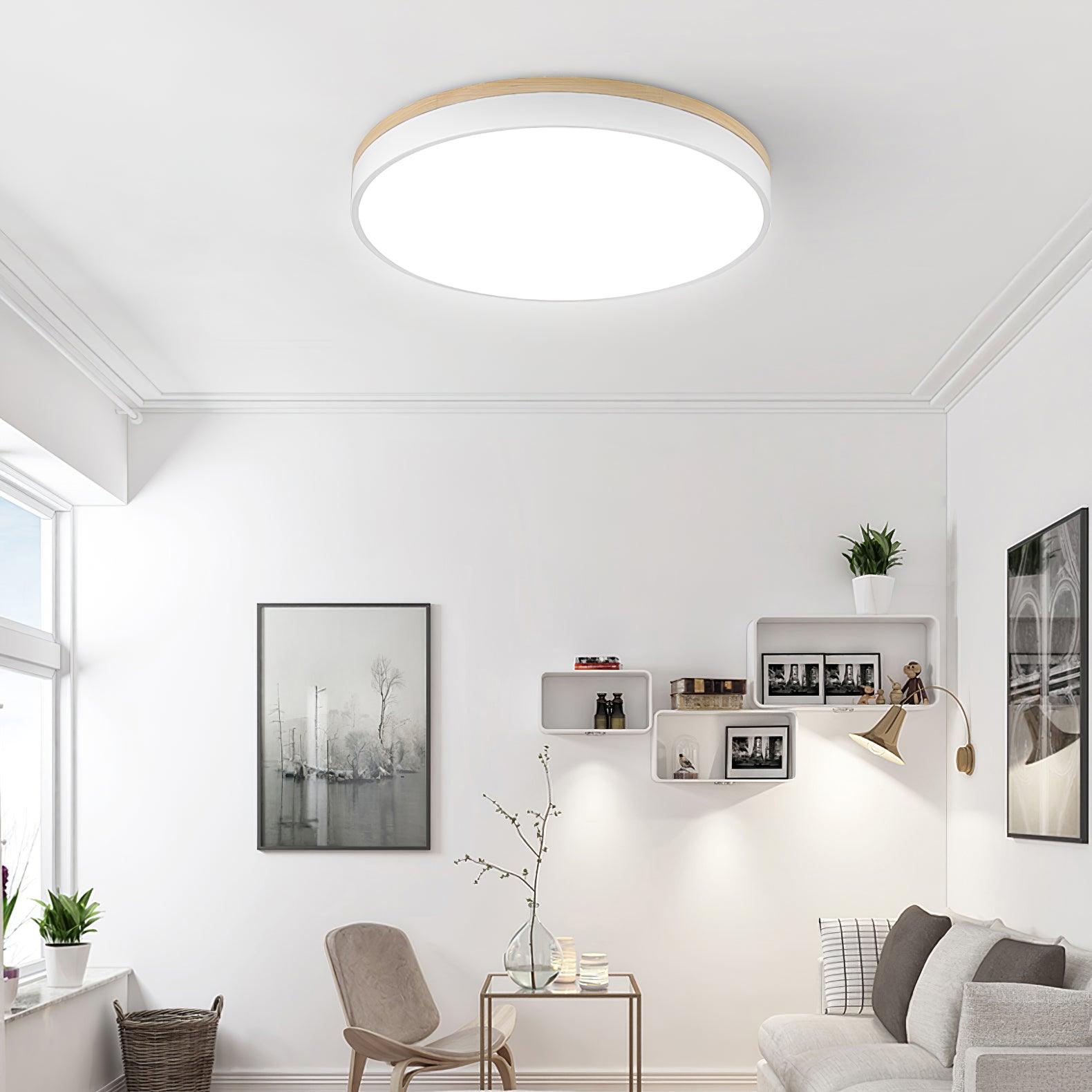 Modern White Round Wooden LED Ceiling Light Flush Mount Fixture for Bedroom and Living Room