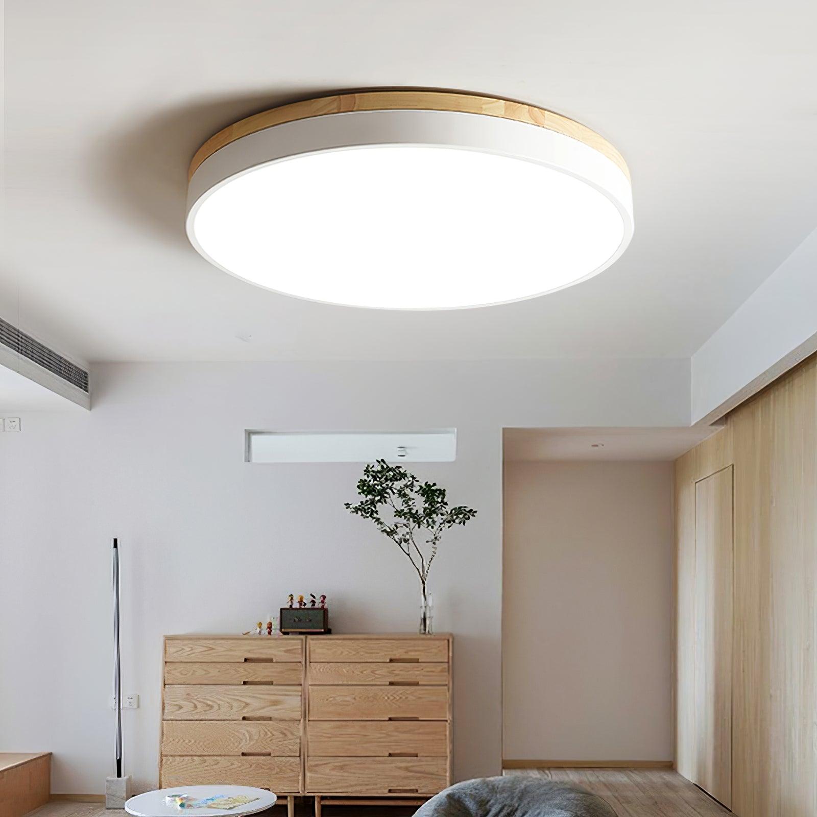 Modern White Round Wooden LED Ceiling Light Flush Mount Fixture for Bedroom and Living Room