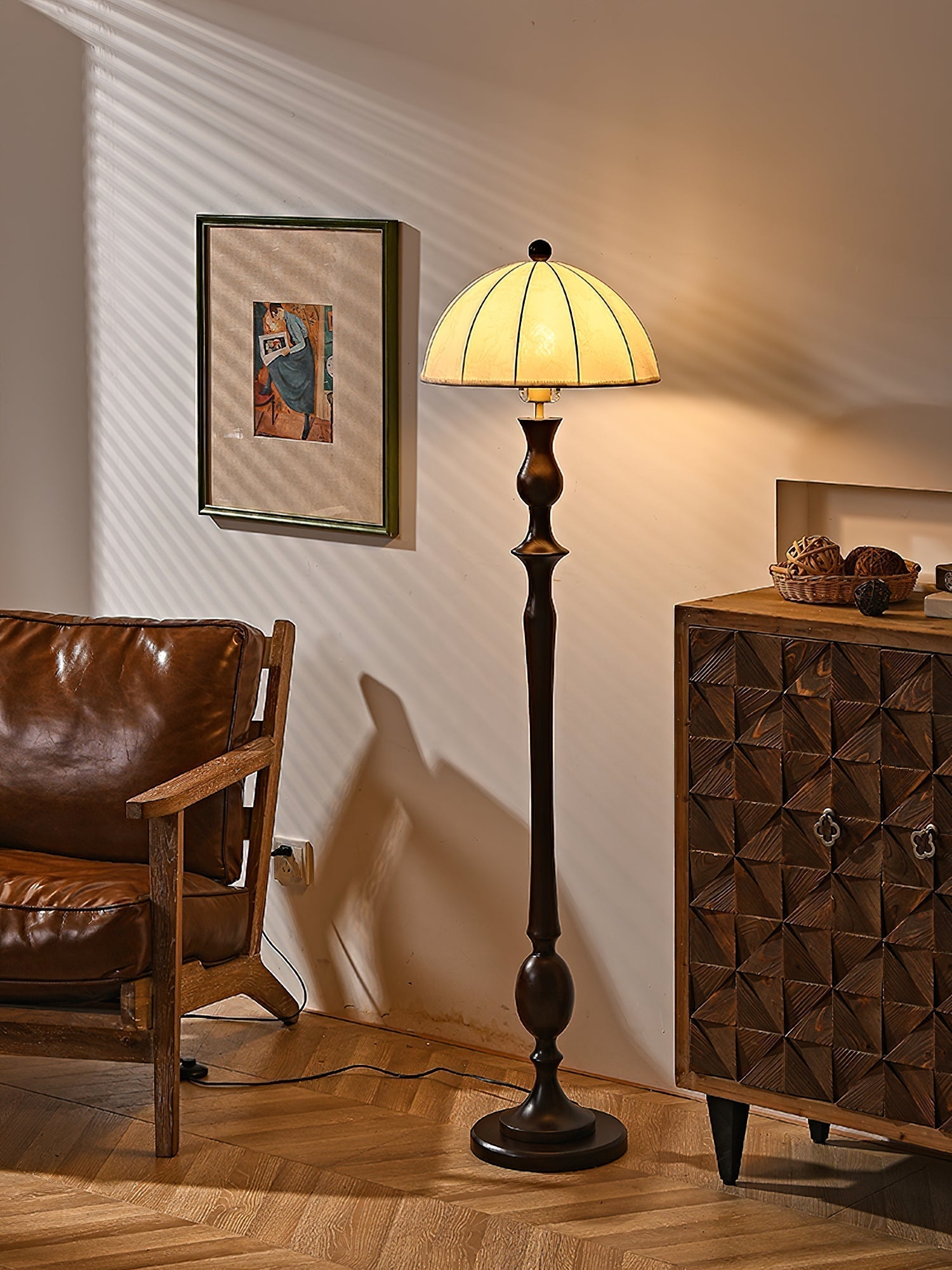 Windsor Mid Century Modern Walnut Floor Lamp with White Fabric Dome Shade