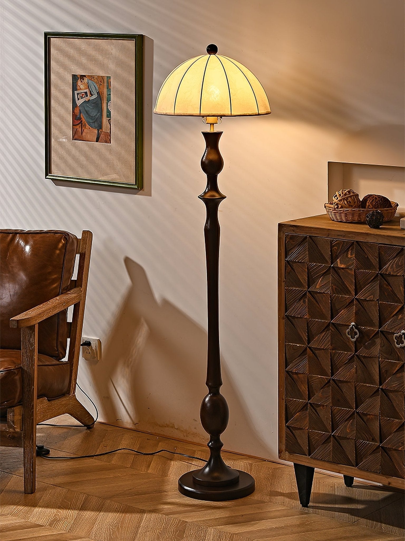 Windsor Mid Century Modern Walnut Floor Lamp with White Fabric Dome Shade