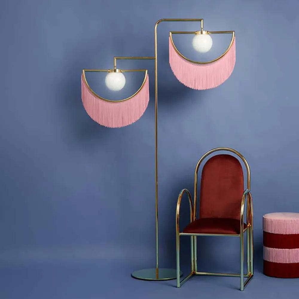 Art Deco Geometric Standing Lamp with Multi Color Tassel Fringes and Glass Globe