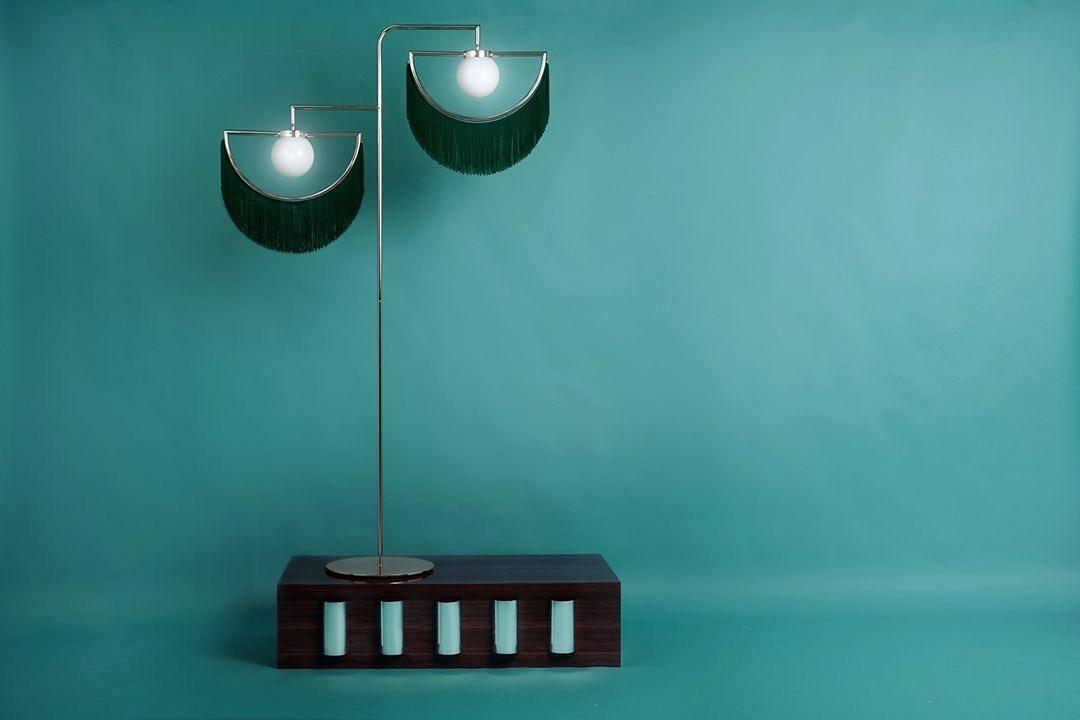 Art Deco Geometric Standing Lamp with Multi Color Tassel Fringes and Glass Globe