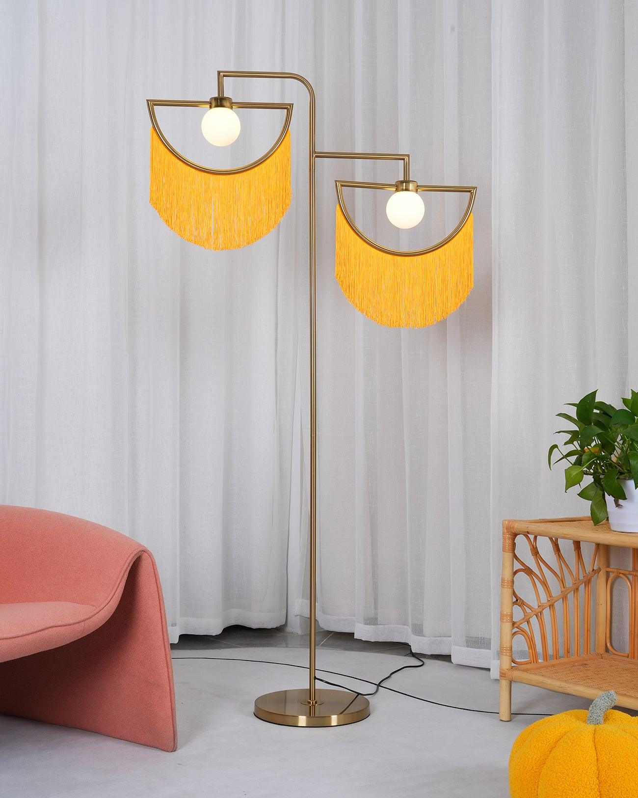 Art Deco Geometric Standing Lamp with Multi Color Tassel Fringes and Glass Globe