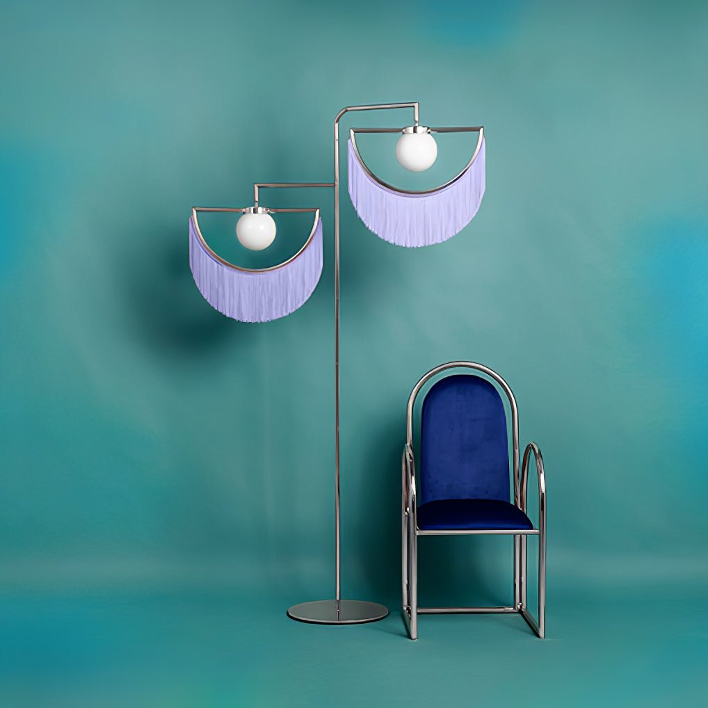 Art Deco Geometric Standing Lamp with Multi Color Tassel Fringes and Glass Globe