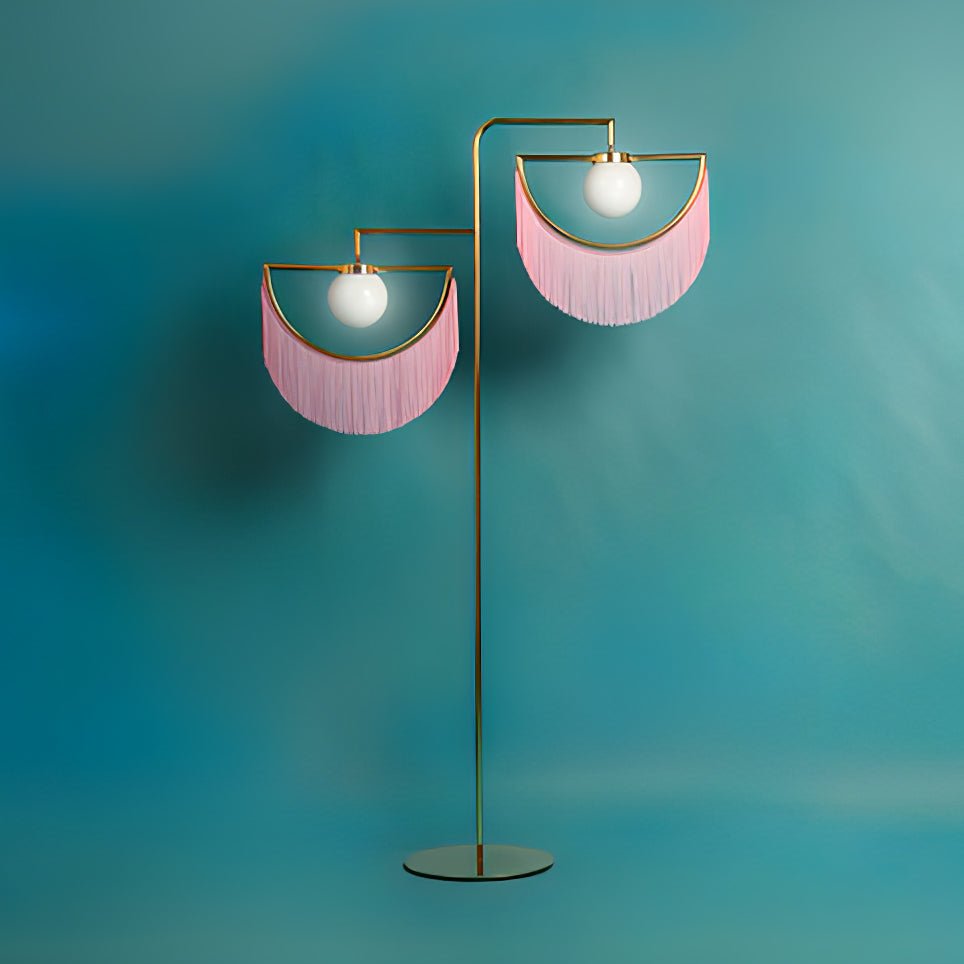Art Deco Geometric Standing Lamp with Multi Color Tassel Fringes and Glass Globe