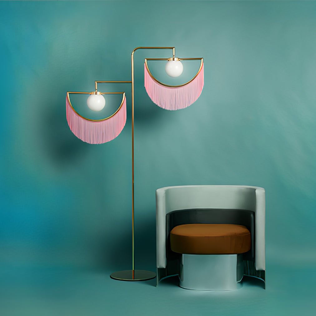 Art Deco Geometric Standing Lamp with Multi Color Tassel Fringes and Glass Globe