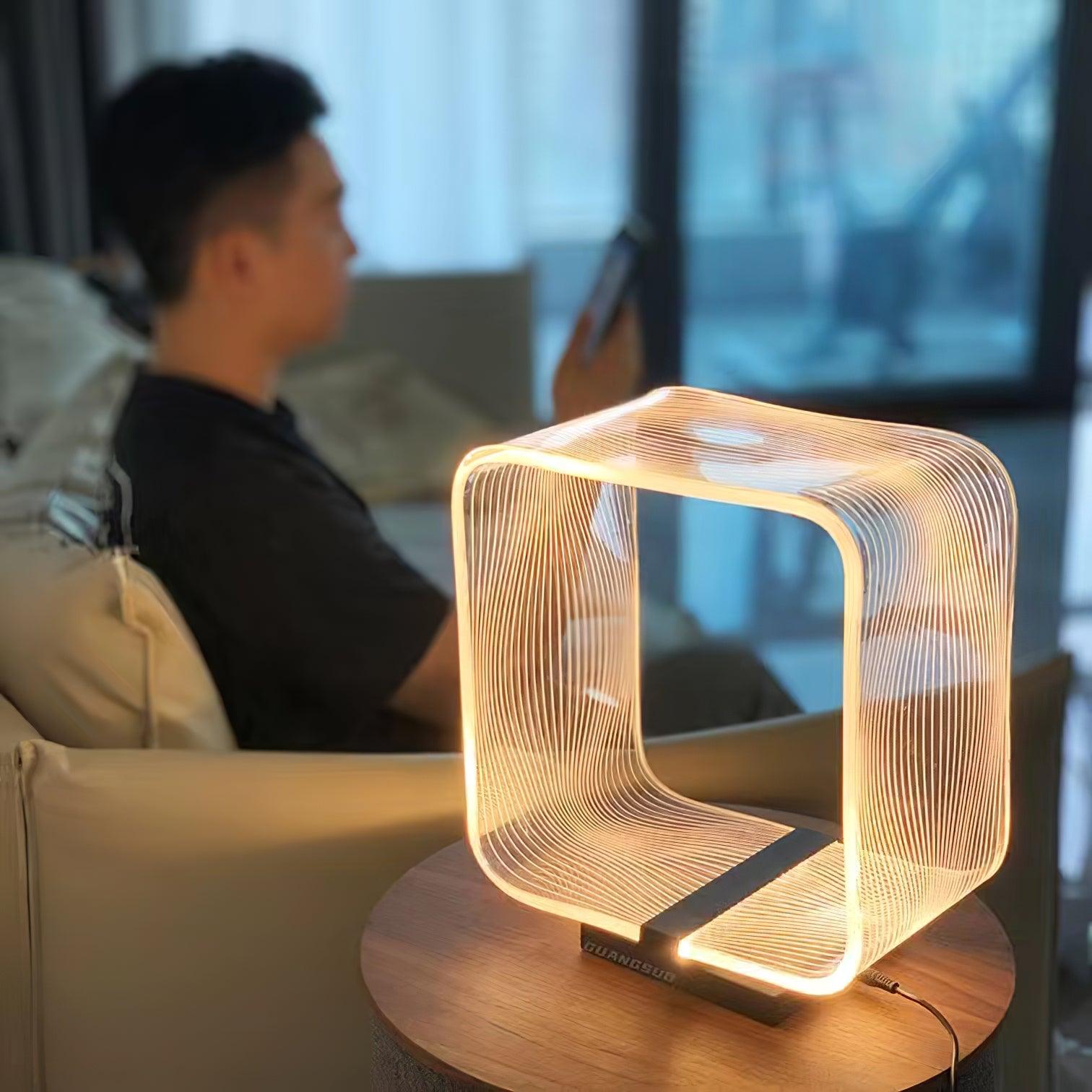 Modern Acrylic Geometric Cube LED Table Lamp Laser Engraved Portable Mood Lighting