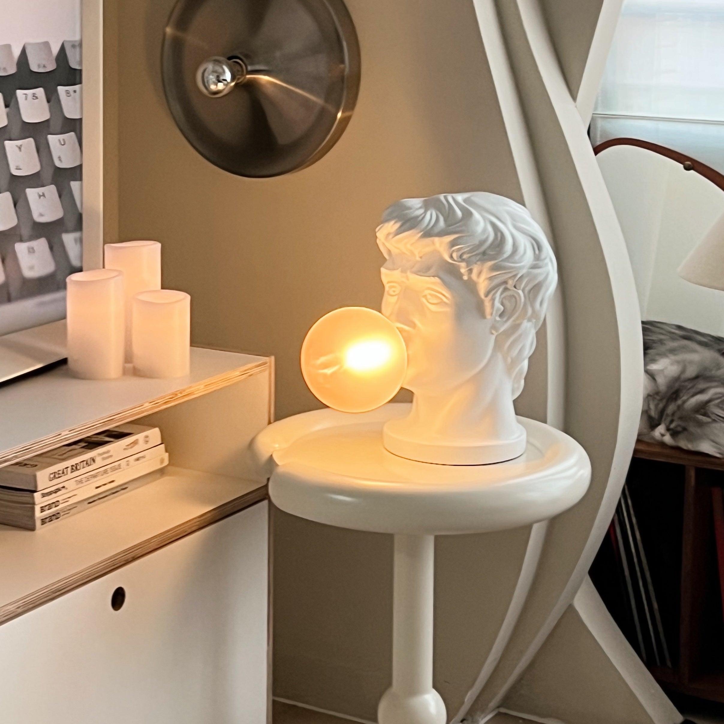 Sculptural Resin Portrait Bust Table Lamp with Pink Glass Bubble Gum Shade for Modern Interiors