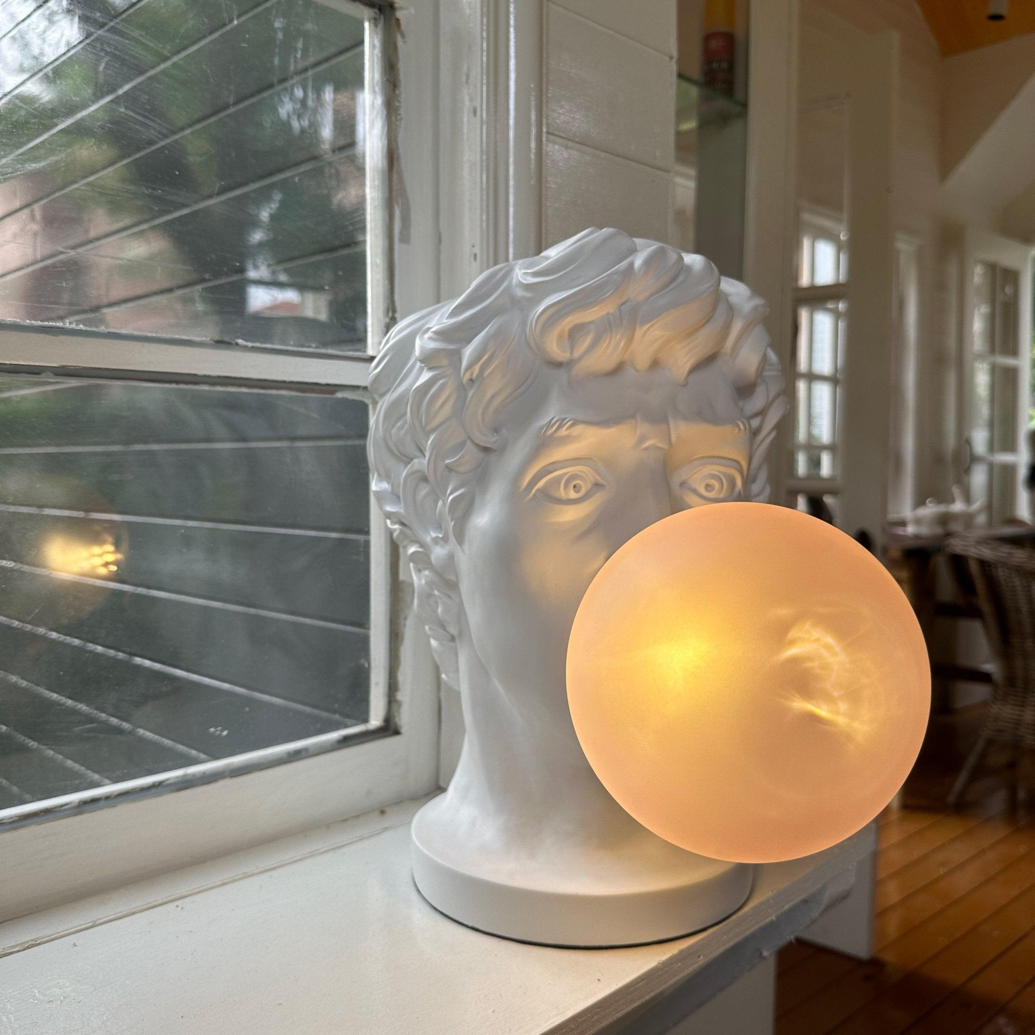 Sculptural Resin Portrait Bust Table Lamp with Pink Glass Bubble Gum Shade for Modern Interiors