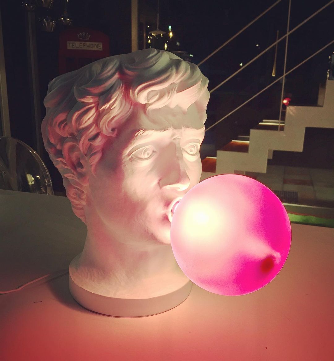Sculptural Resin Portrait Bust Table Lamp with Pink Glass Bubble Gum Shade for Modern Interiors