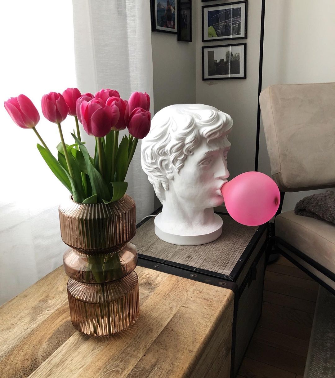Sculptural Resin Portrait Bust Table Lamp with Pink Glass Bubble Gum Shade for Modern Interiors
