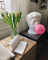 Sculptural Resin Portrait Bust Table Lamp with Pink Glass Bubble Gum Shade for Modern Interiors