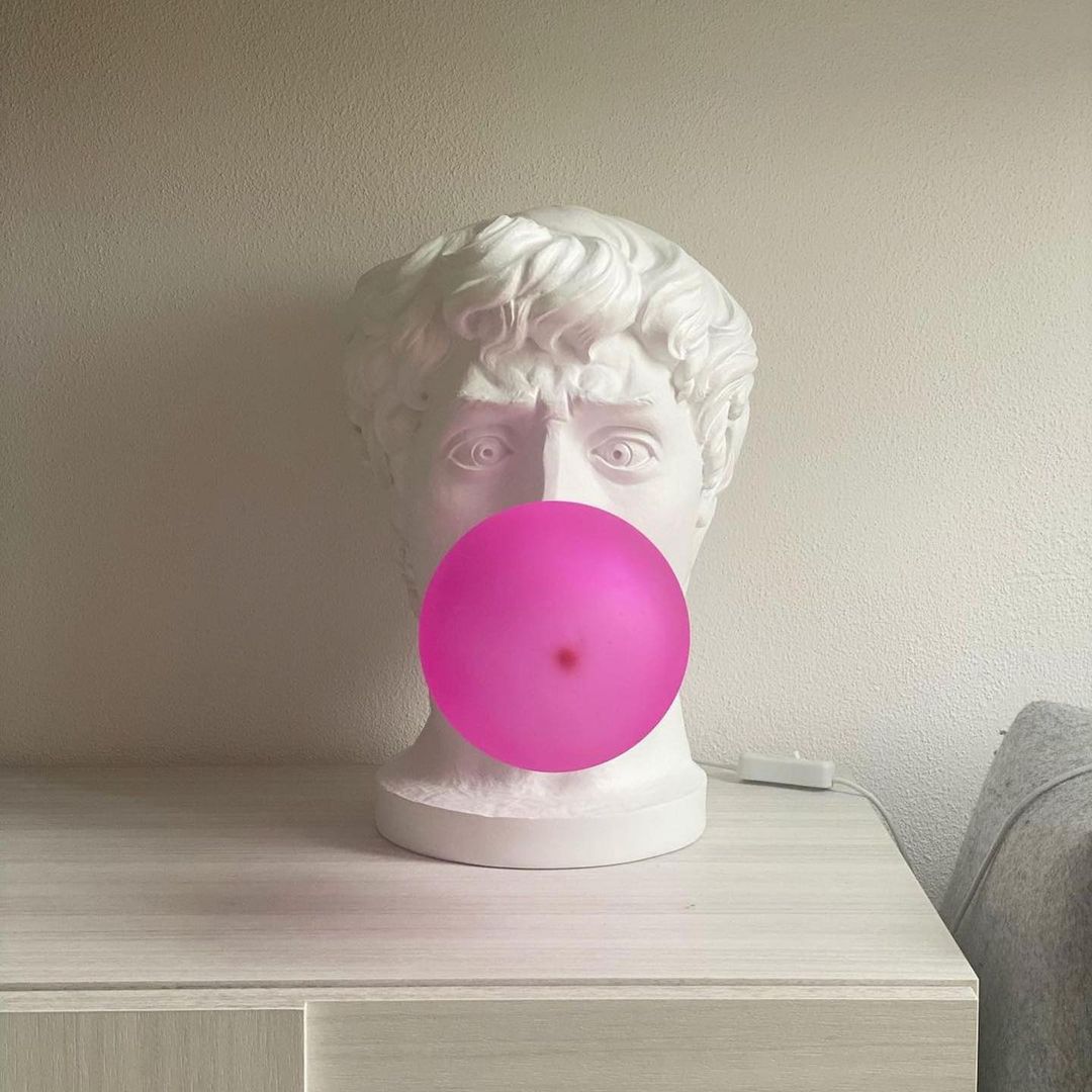 Sculptural Resin Portrait Bust Table Lamp with Pink Glass Bubble Gum Shade for Modern Interiors