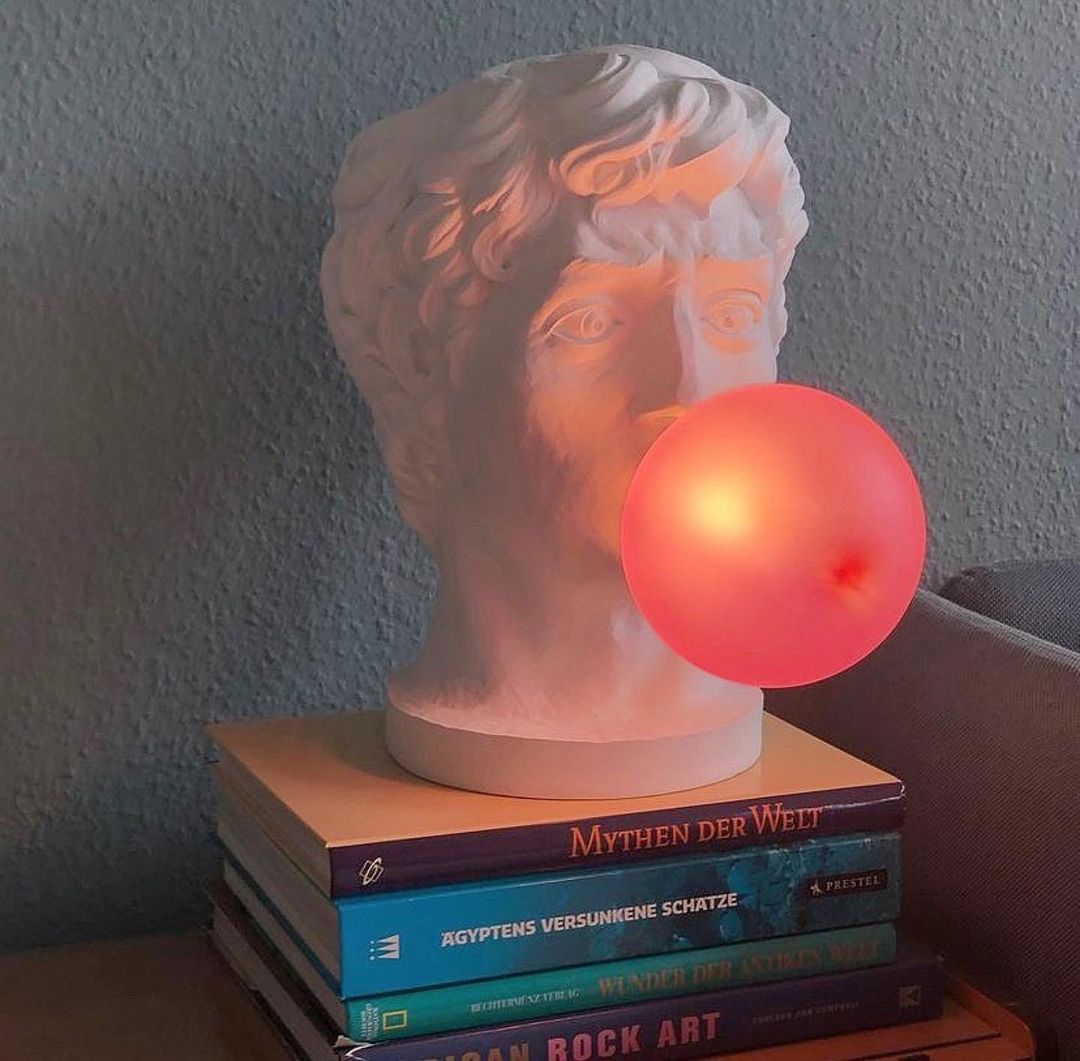 Sculptural Resin Portrait Bust Table Lamp with Pink Glass Bubble Gum Shade for Modern Interiors