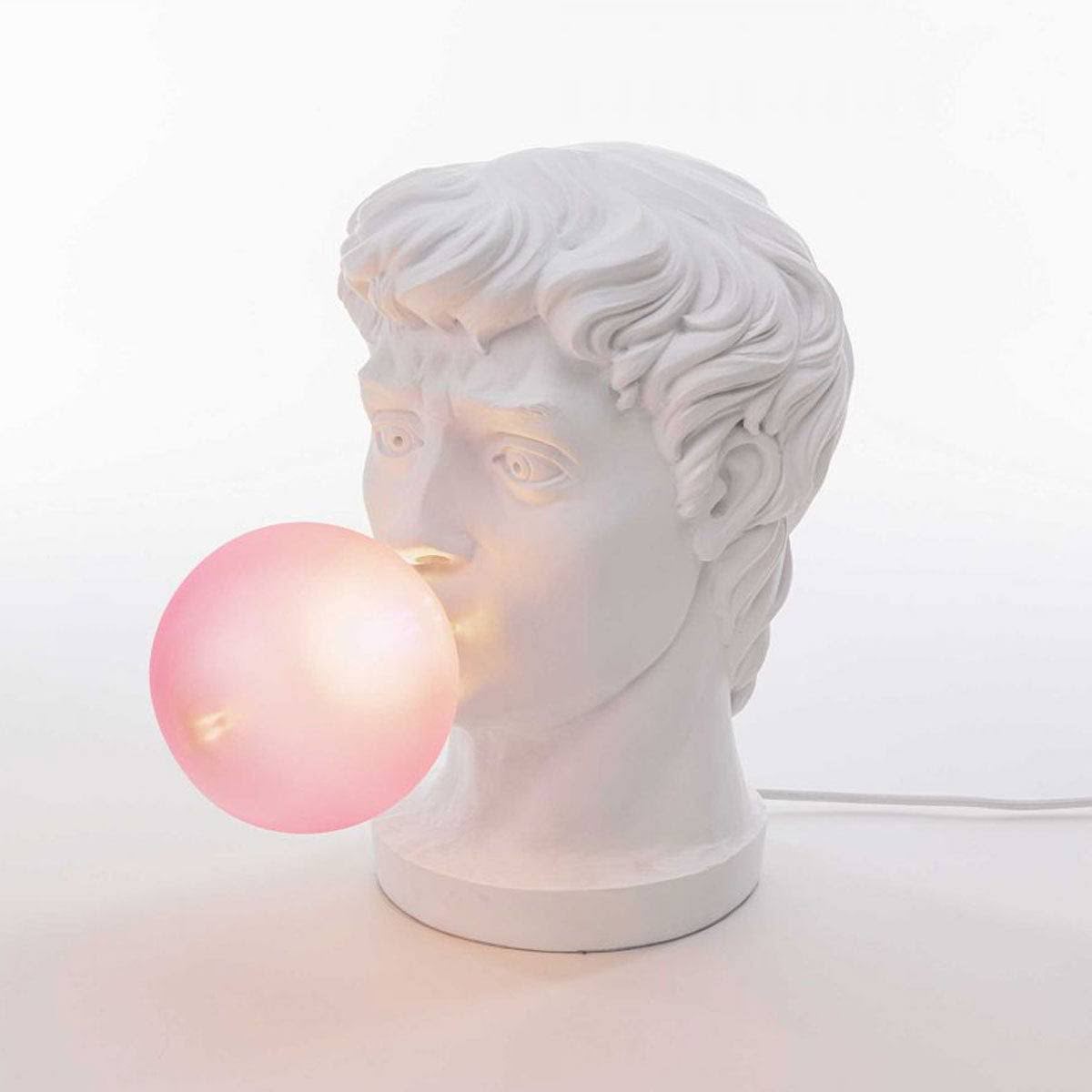 Sculptural Resin Portrait Bust Table Lamp with Pink Glass Bubble Gum Shade for Modern Interiors