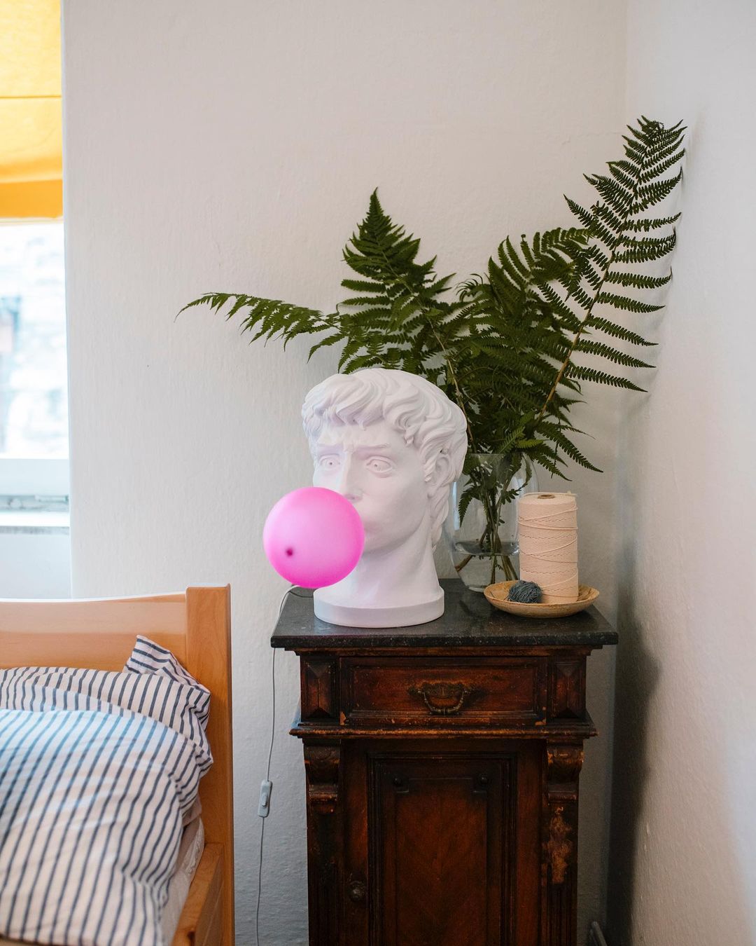 Sculptural Resin Portrait Bust Table Lamp with Pink Glass Bubble Gum Shade for Modern Interiors