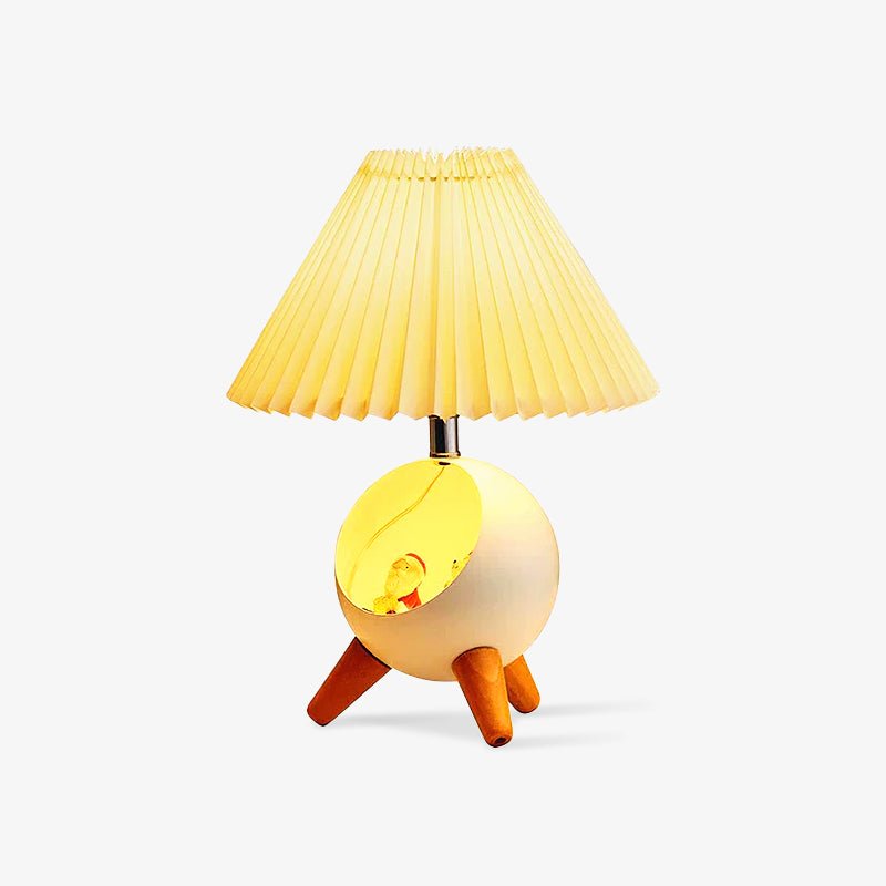 Mid Century Modern Small Wood Table Lamp with Ceramic Base and Fabric Shade