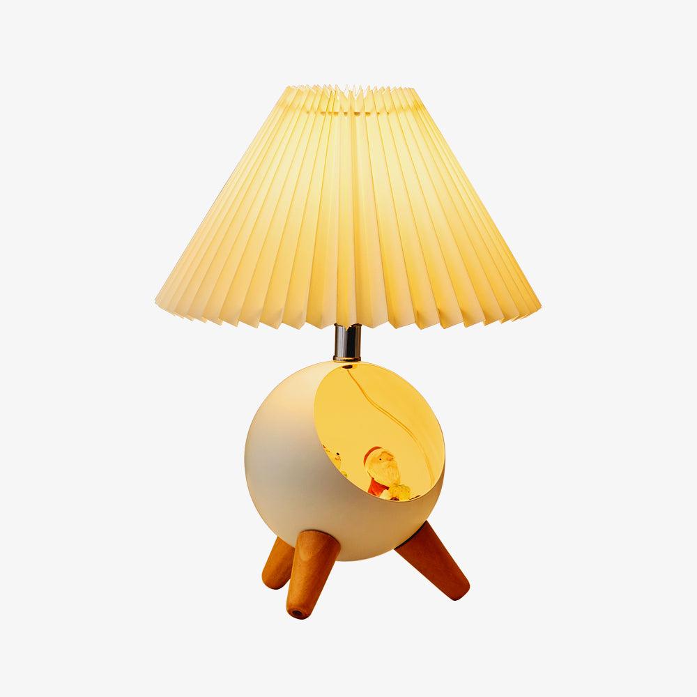 Mid Century Modern Small Wood Table Lamp with Ceramic Base and Fabric Shade