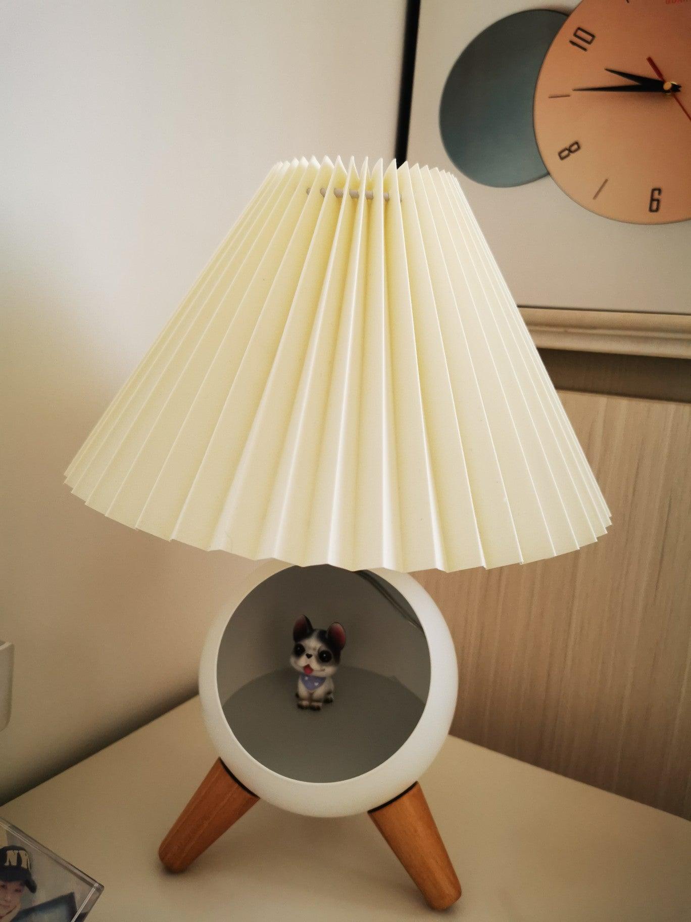 Mid Century Modern Small Wood Table Lamp with Ceramic Base and Fabric Shade