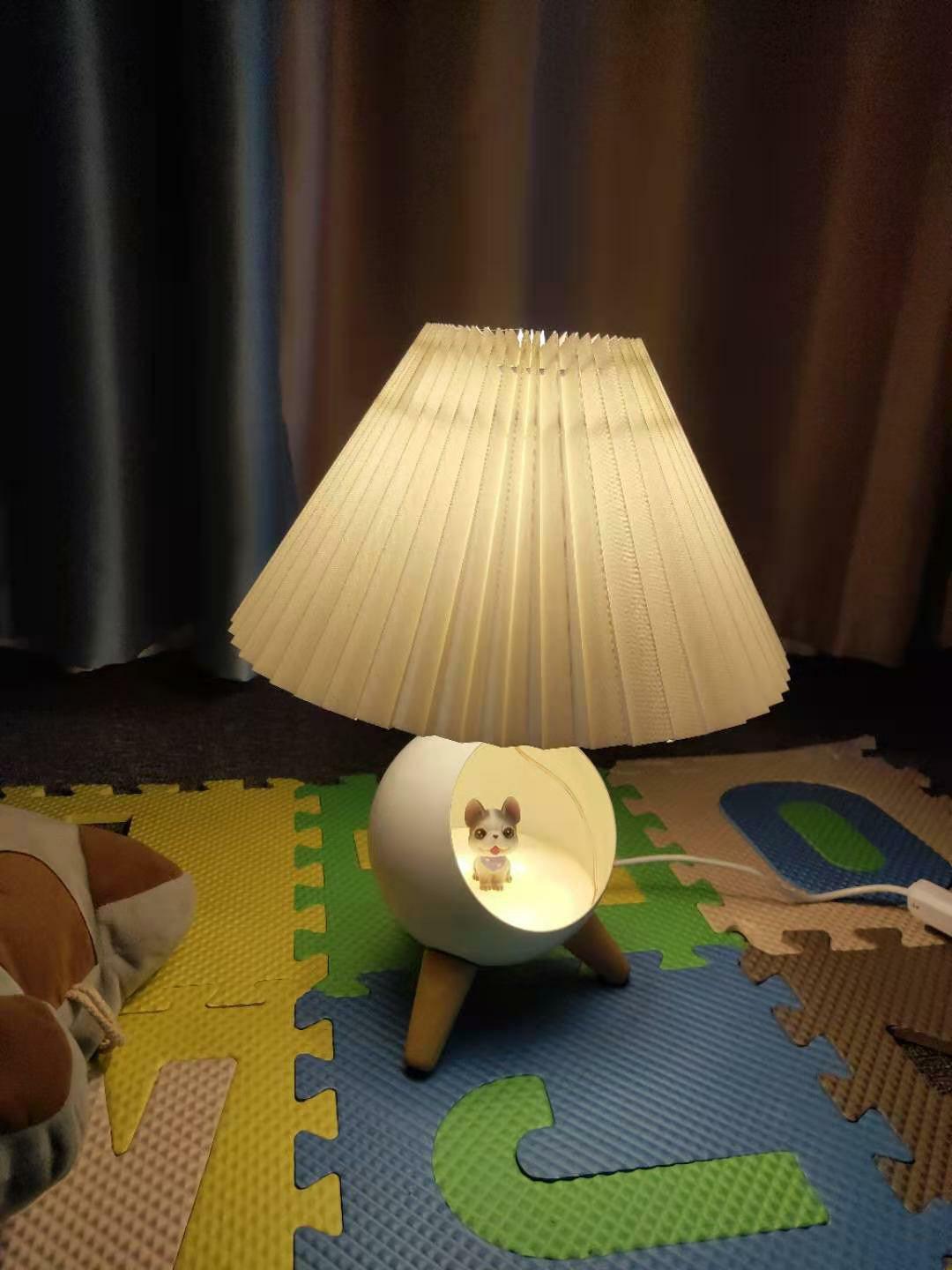 Mid Century Modern Small Wood Table Lamp with Ceramic Base and Fabric Shade