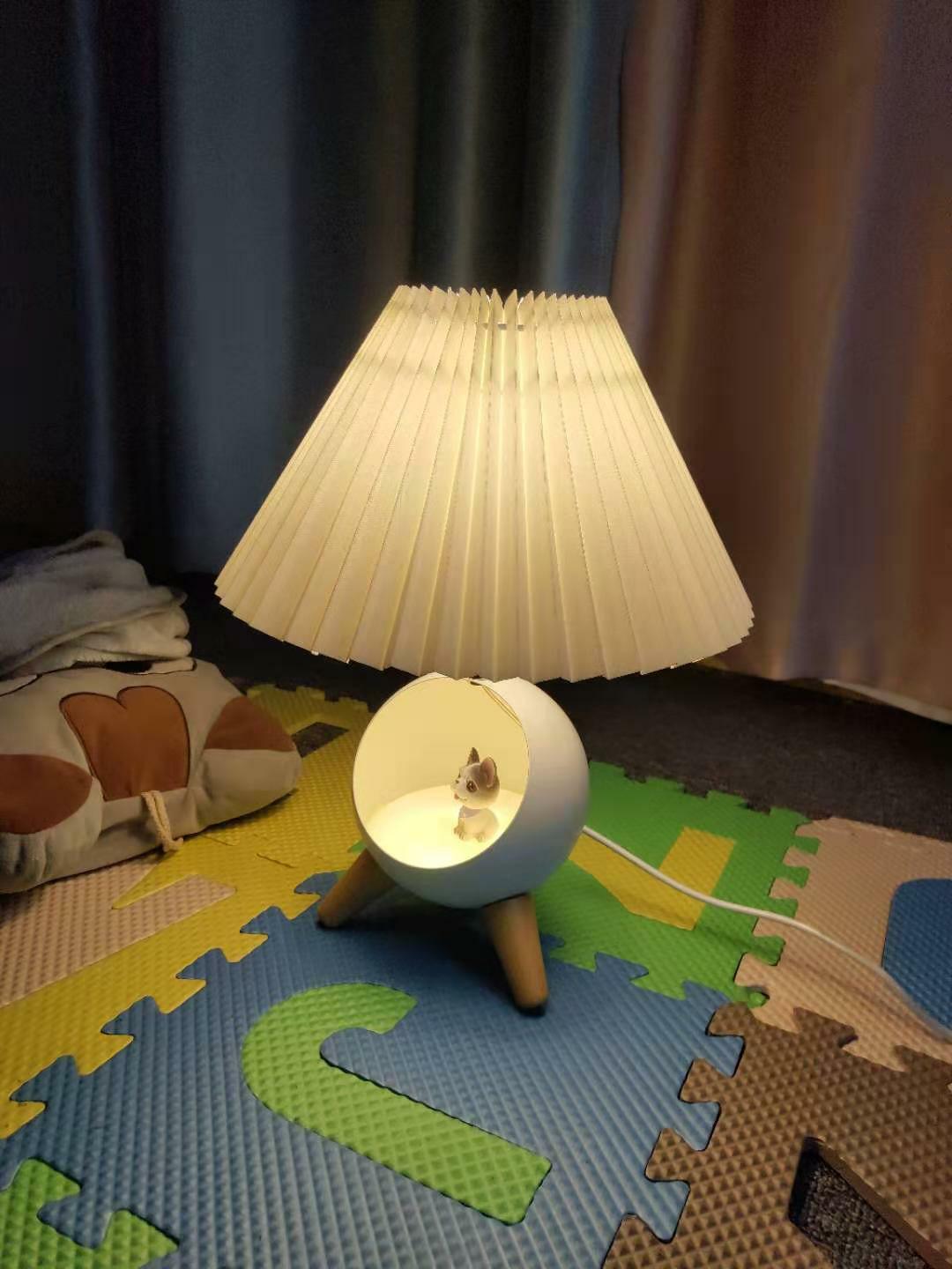 Mid Century Modern Small Wood Table Lamp with Ceramic Base and Fabric Shade