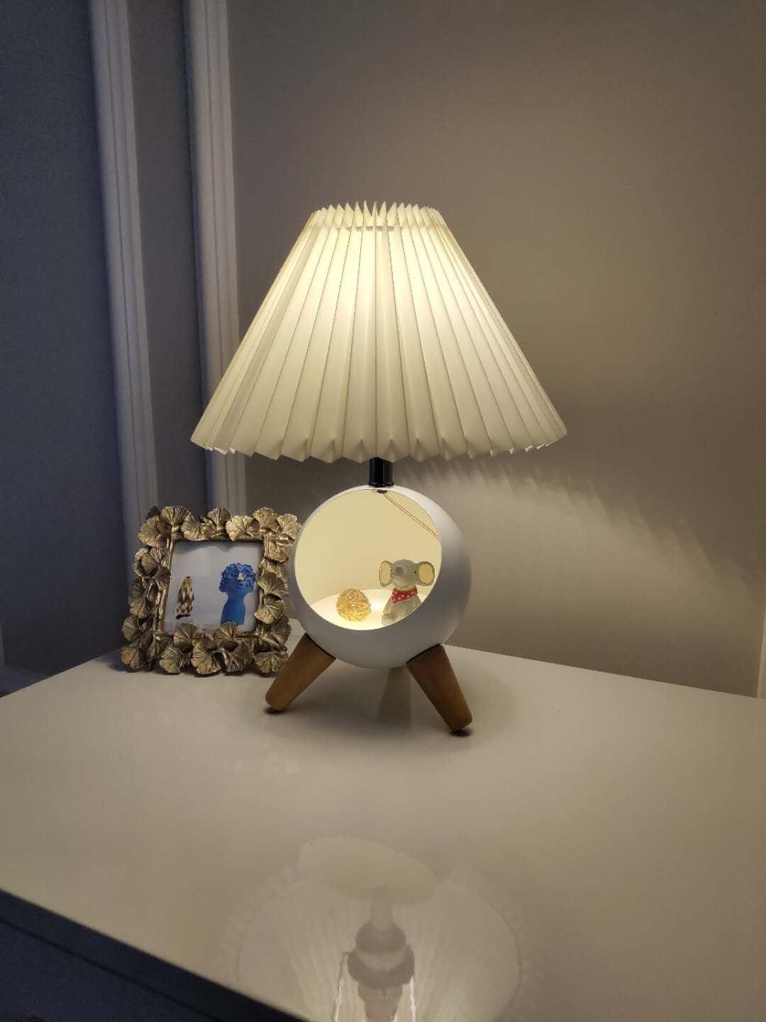 Mid Century Modern Small Wood Table Lamp with Ceramic Base and Fabric Shade